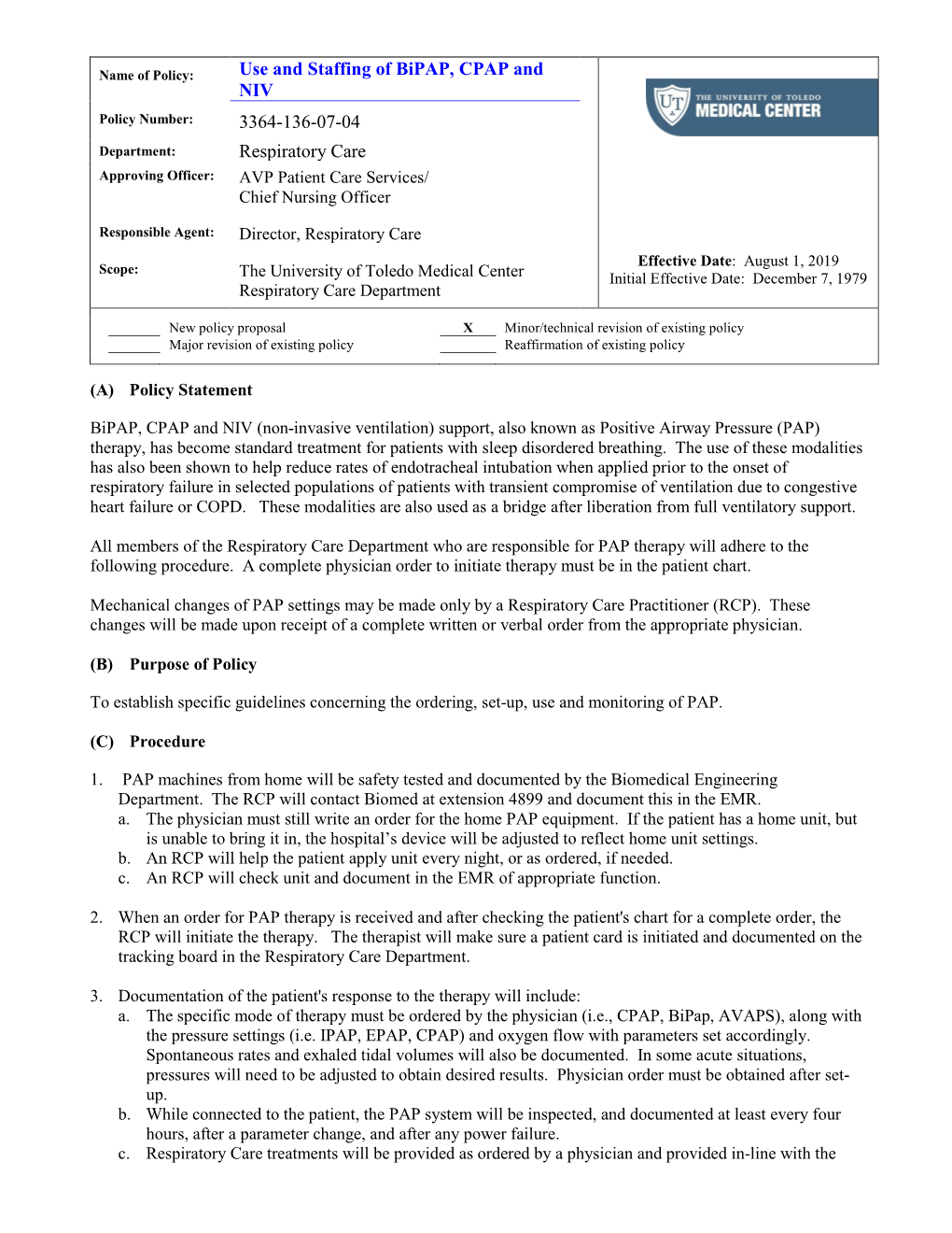 Use and Staffing of Bipap, CPAP and NIV 3364-136-07-04 Respiratory