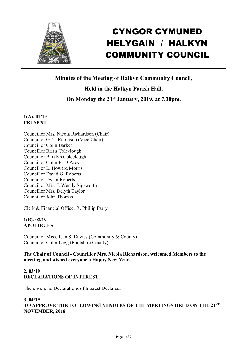 Minutes of the Meeting of Halkyn Community Council