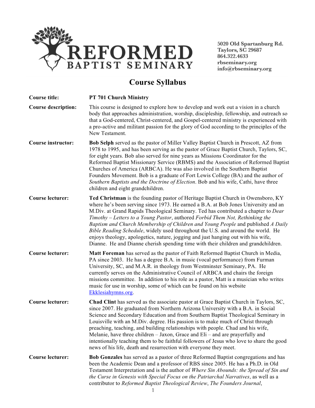 PT 701 Church Ministry Syllabus (2013-14)