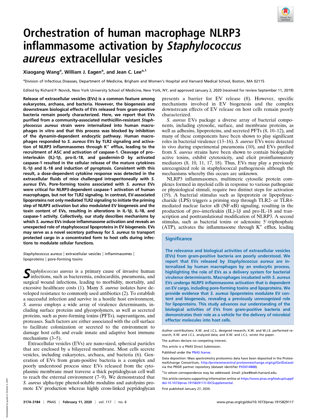 Orchestration of Human Macrophage NLRP3 Inflammasome Activation by Staphylococcus Aureus Extracellular Vesicles