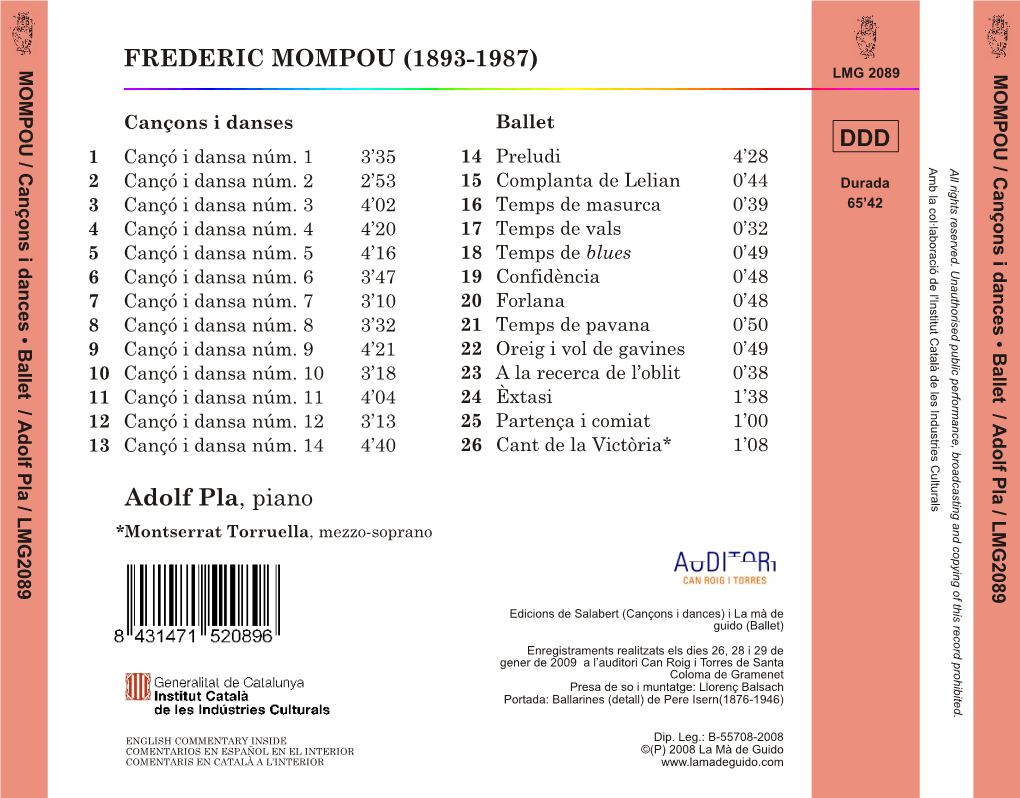 Adolf Pla, Piano FREDERIC MOMPOU