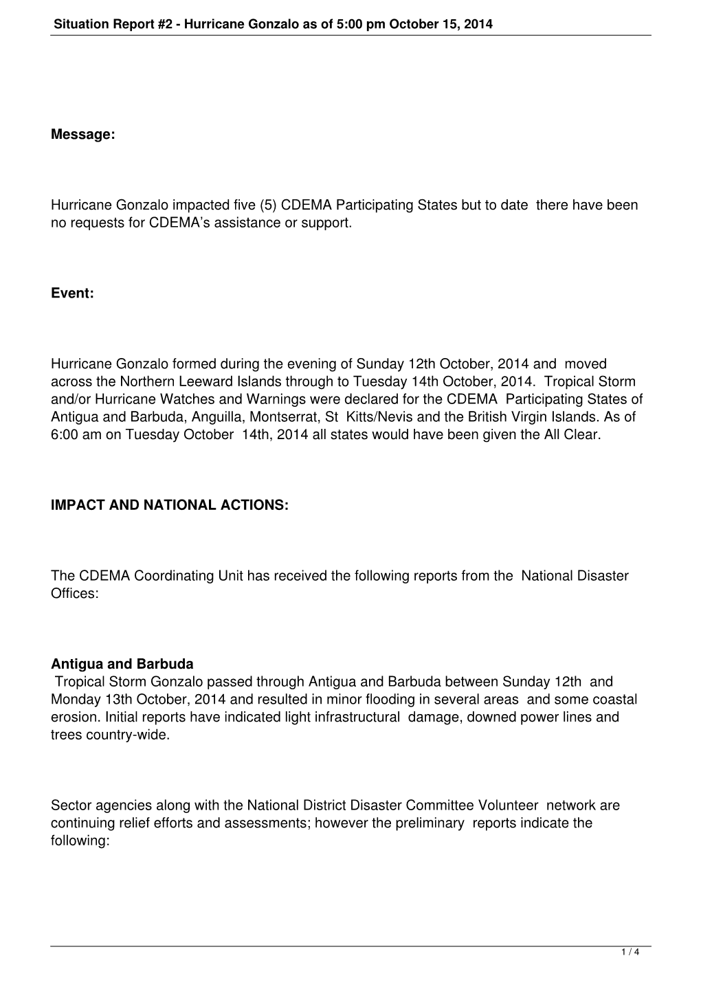 Situation Report #2 - Hurricane Gonzalo As of 5:00 Pm October 15, 2014