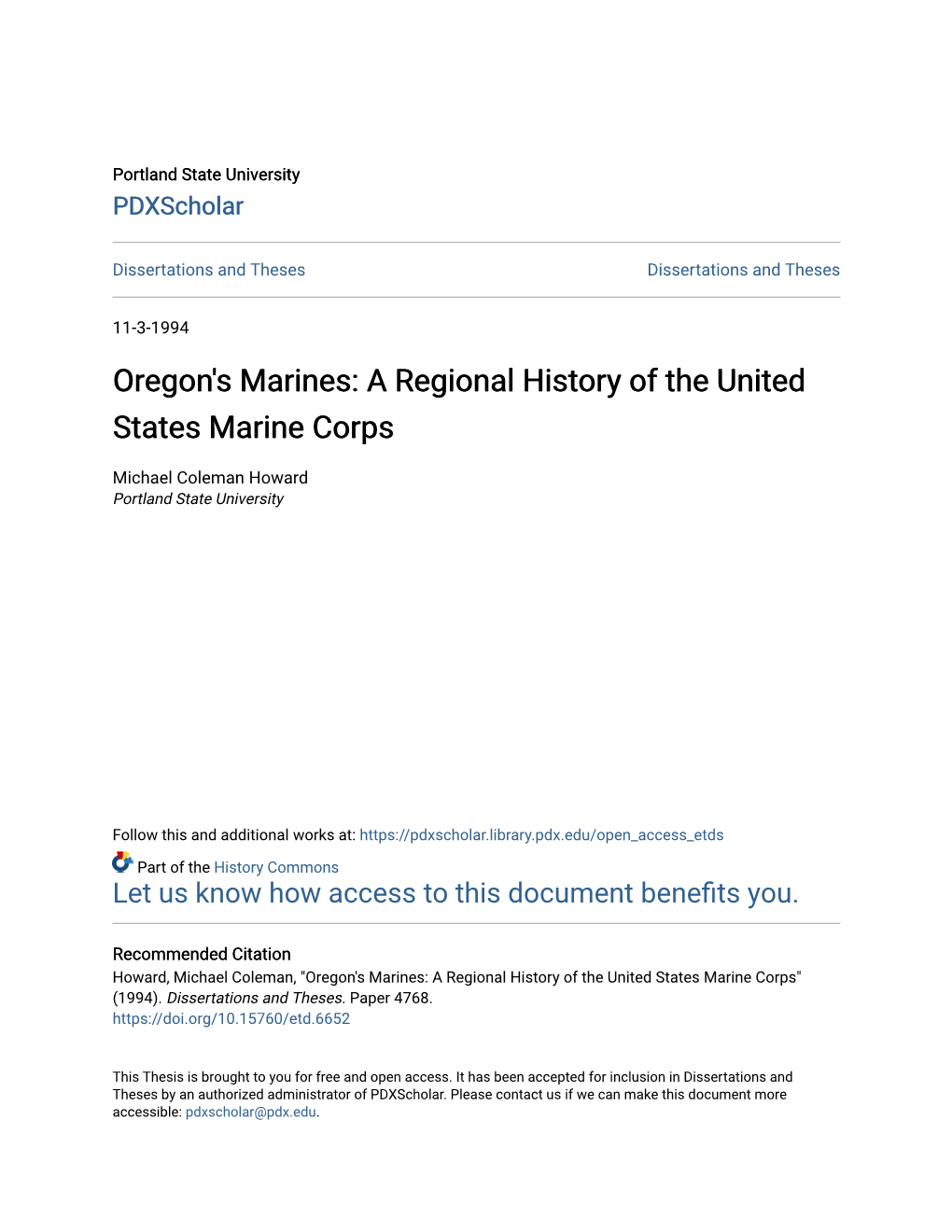 Oregon's Marines: a Regional History of the United States Marine Corps