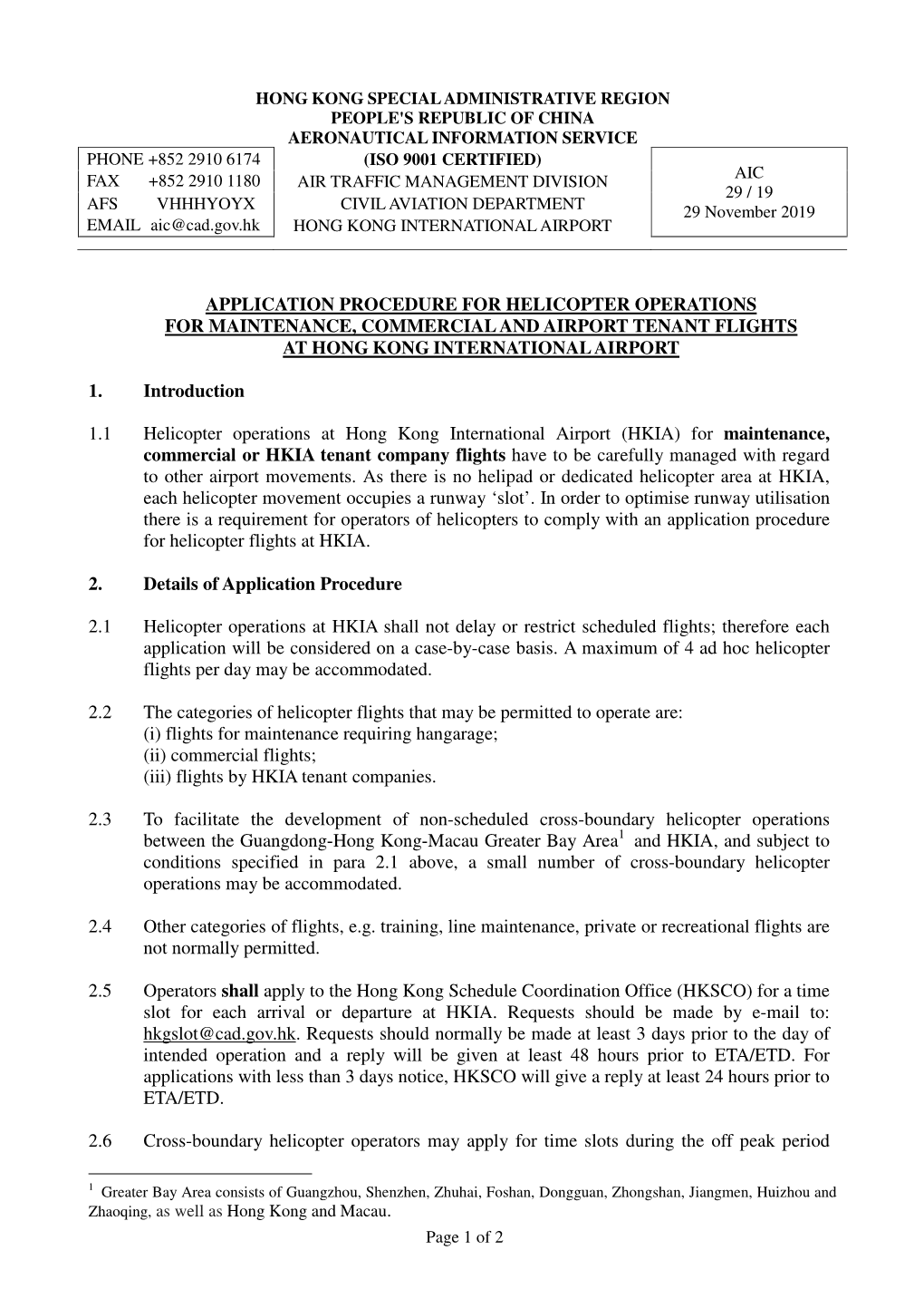 Application Procedure for Helicopter Operations for Maintenance, Commercial and Airport Tenant Flights at Hong Kong International Airport