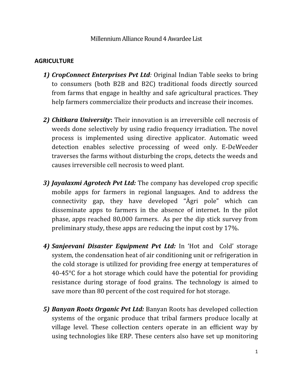 Millennium Alliance Round 4 Awardee List AGRICULTURE 1