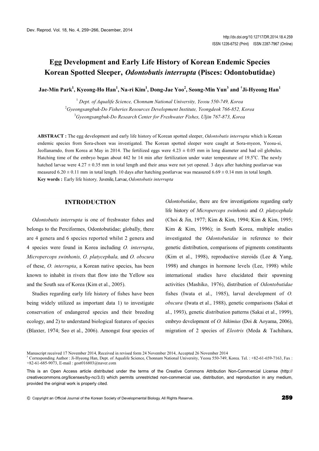 Egg Development and Early Life History of Korean Endemic Species Korean Spotted Sleeper, Odontobutis Interrupta (Pisces: Odontobutidae)