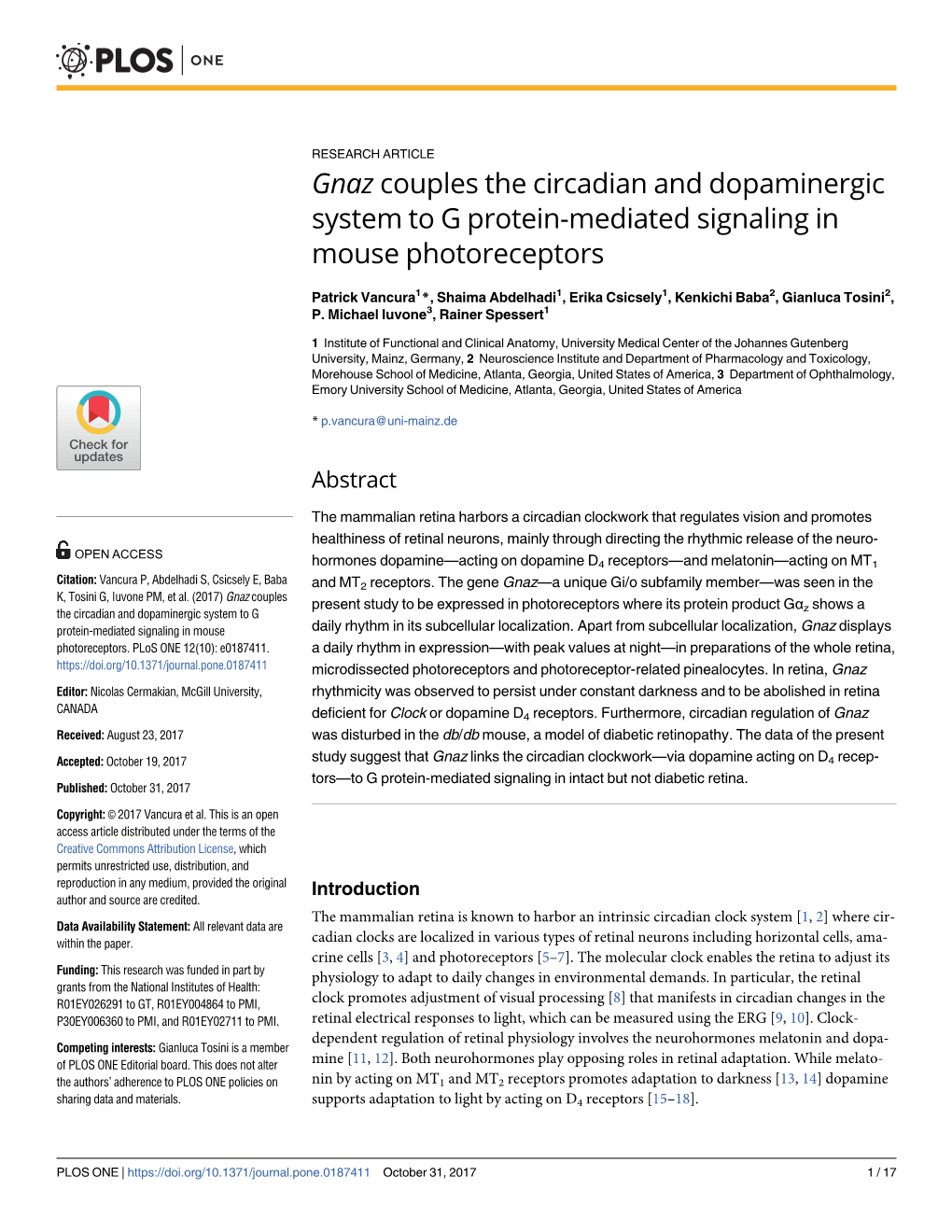 Gnaz Couples the Circadian and Dopaminergic System to G Protein-Mediated Signaling in Mouse Photoreceptors