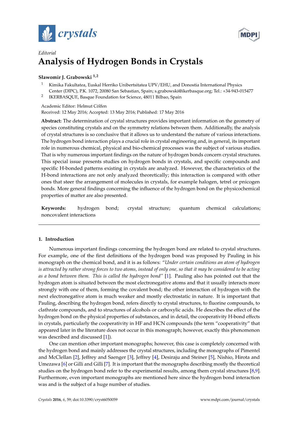 Analysis of Hydrogen Bonds in Crystals