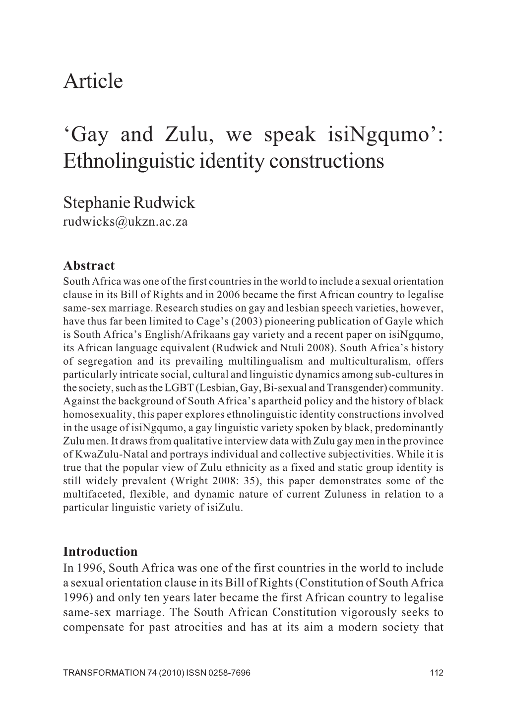 Gay and Zulu, We Speak Isingqumo’: Ethnolinguistic Identity Constructions