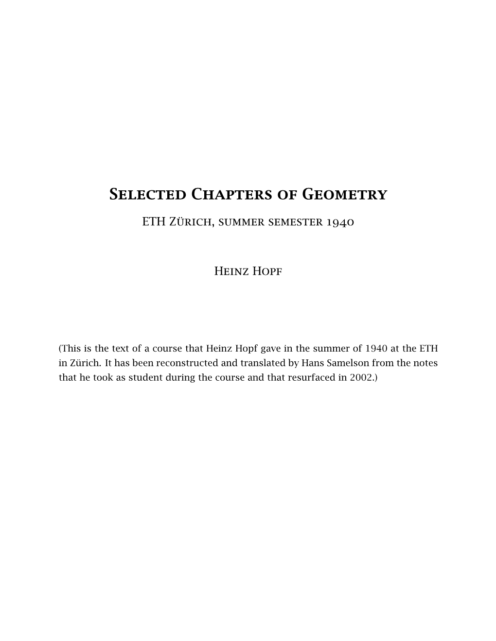 Heinz Hopf, Selected Chapters of Geometry