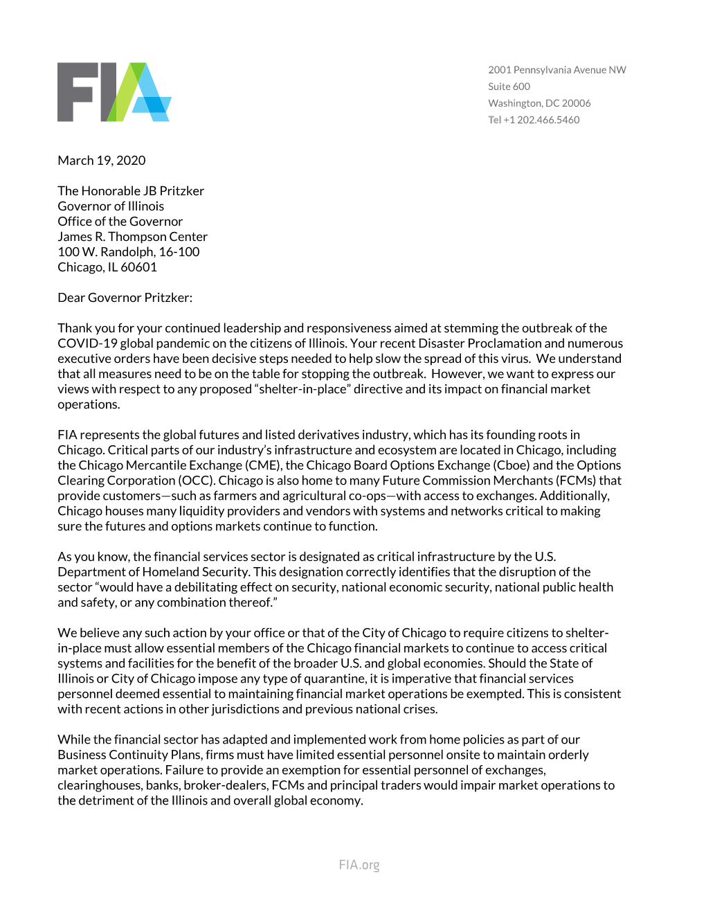 March 19, 2020 the Honorable JB Pritzker Governor of Illinois Office of the Governor James R. Thompson Center 100 W. Randolph