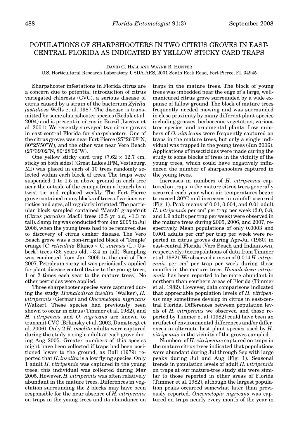 Populations of Sharpshooters in Two Citrus Groves in East- Central Florida As Indicated by Yellow Sticky Card Traps