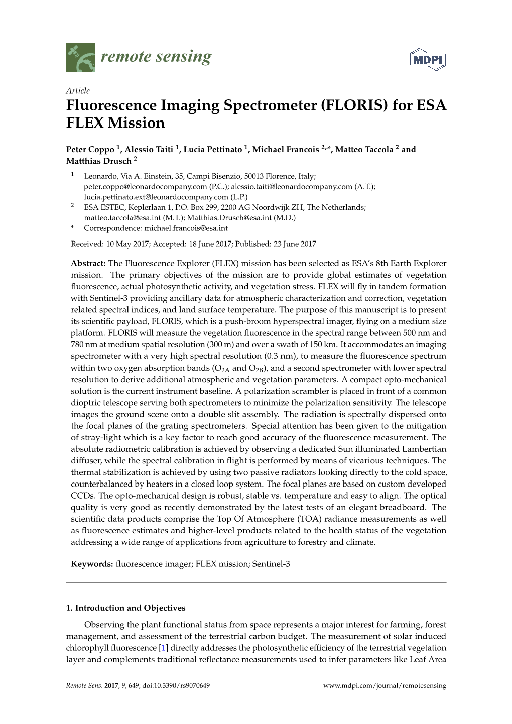 Fluorescence Imaging Spectrometer (FLORIS) for ESA FLEX Mission