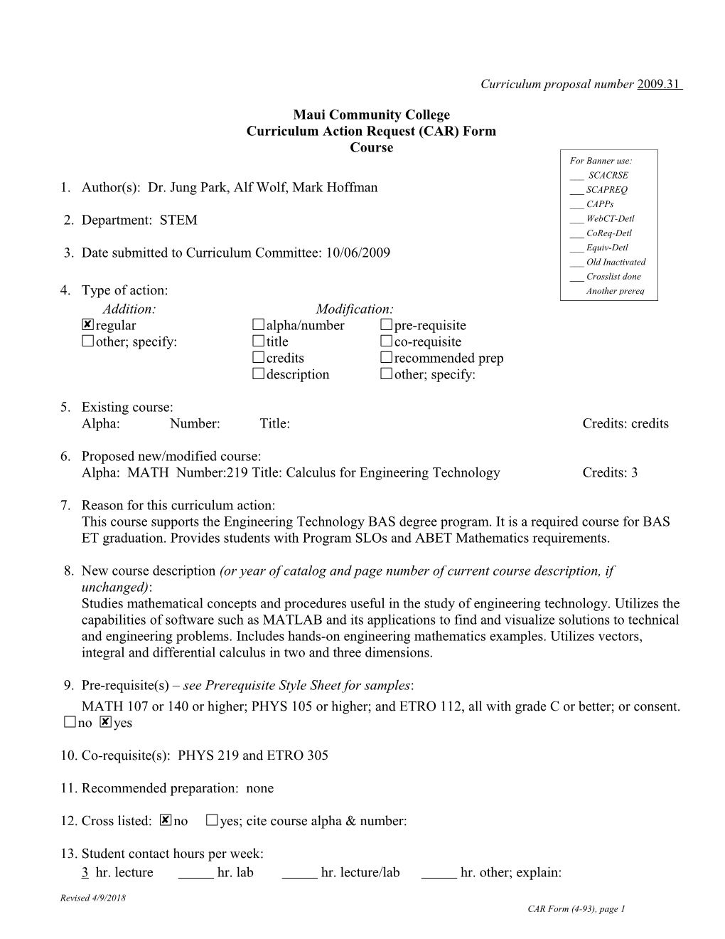 Curriculum Proposal Number 2009