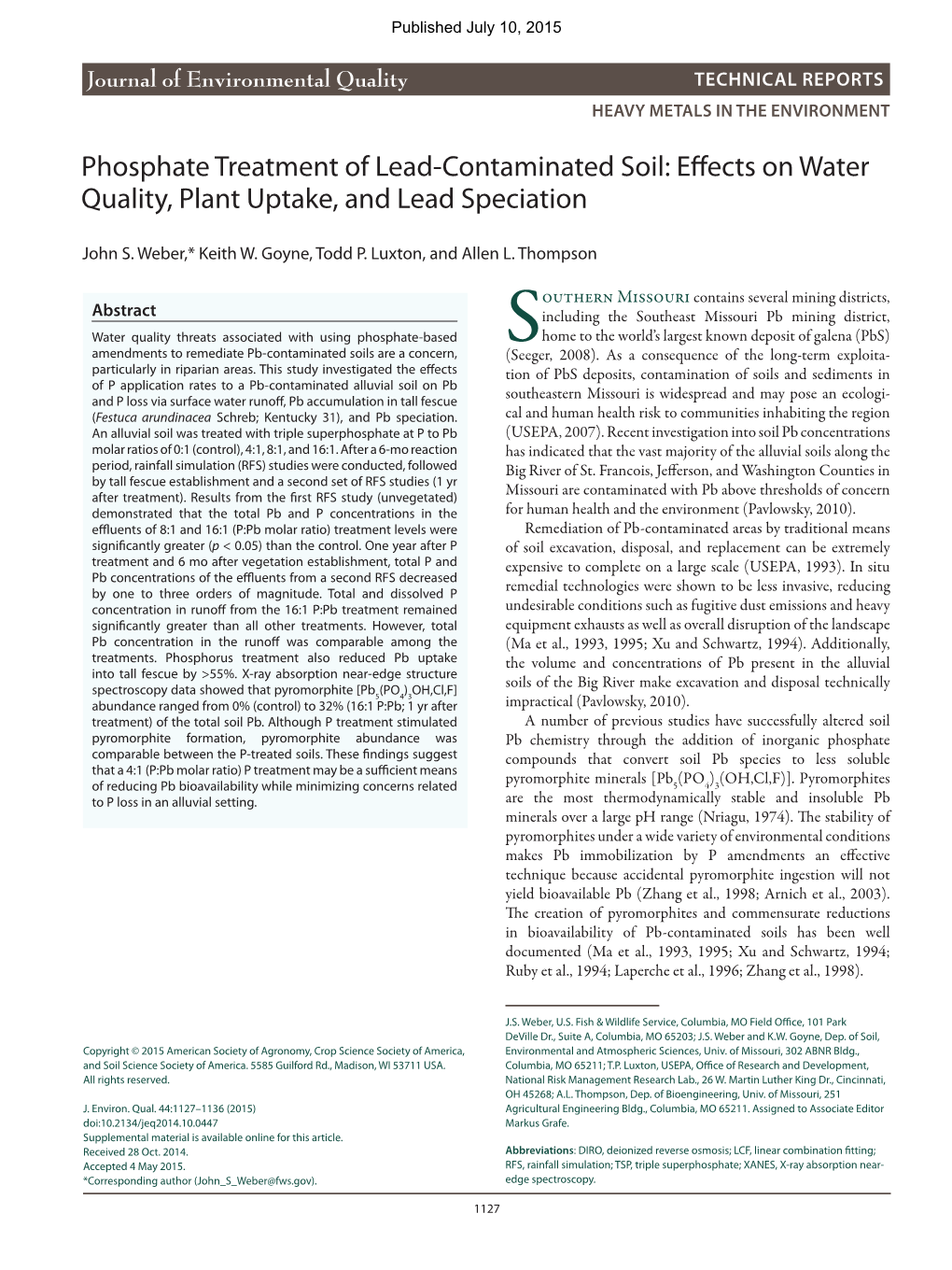 Phosphate Treatment of Lead-Contaminated Soil: Effects on Water Quality, Plant Uptake, and Lead Speciation