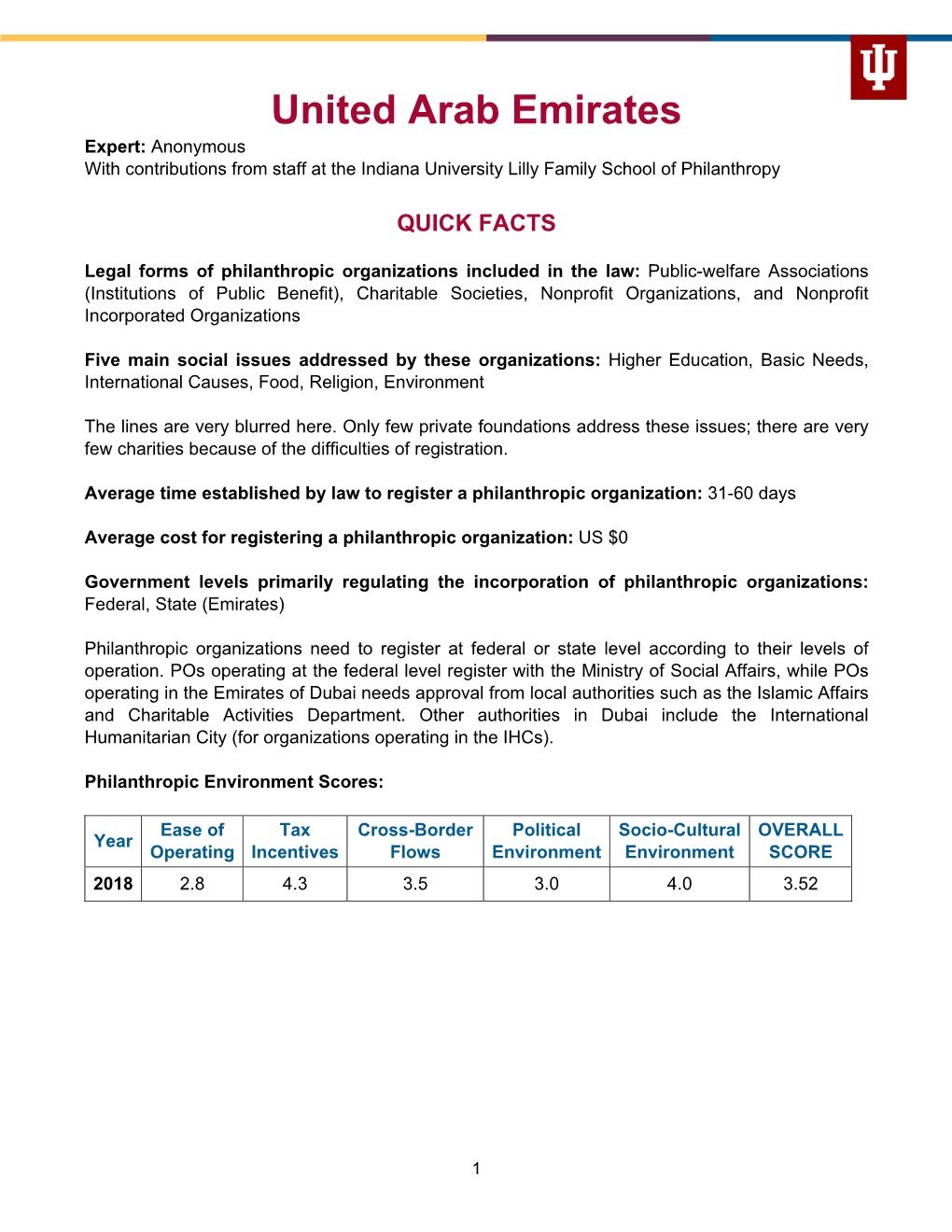United Arab Emirates Expert: Anonymous with Contributions from Staff at the Indiana University Lilly Family School of Philanthropy