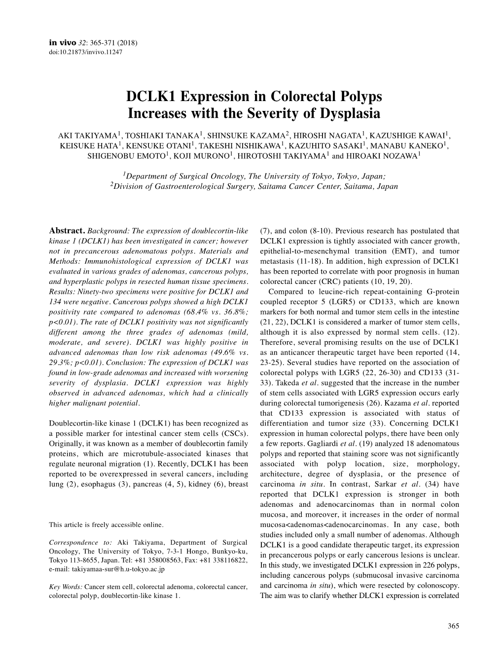 DCLK1 Expression in Colorectal Polyps Increases with the Severity