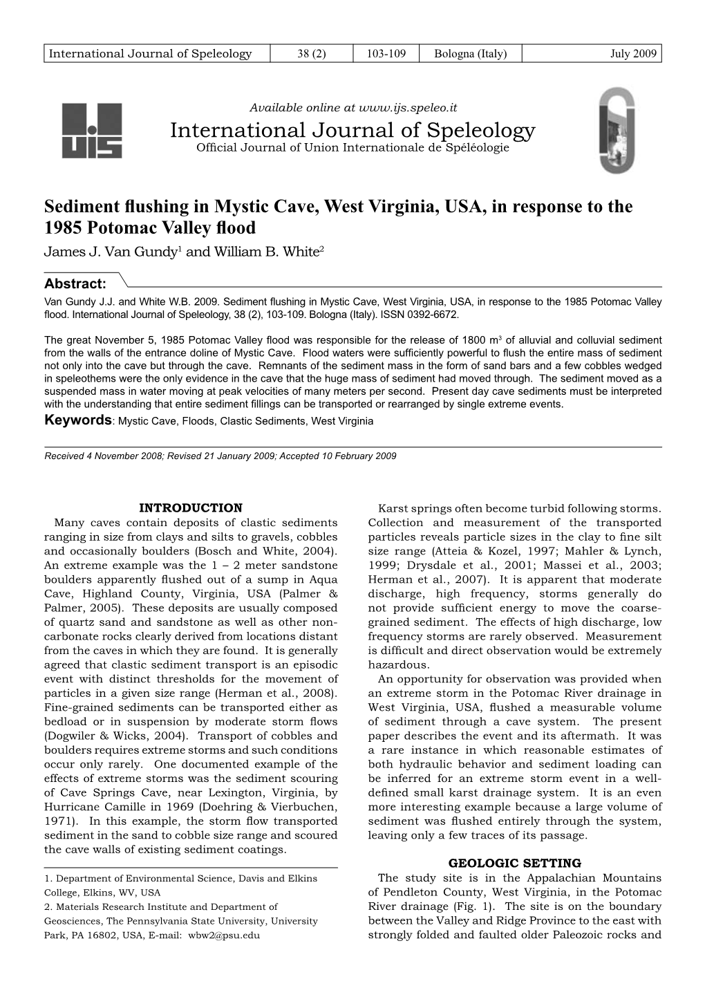 Sediment Flushing in Mystic Cave, West Virginia, USA, in Response to the 1985 Potomac Valley Flood James J