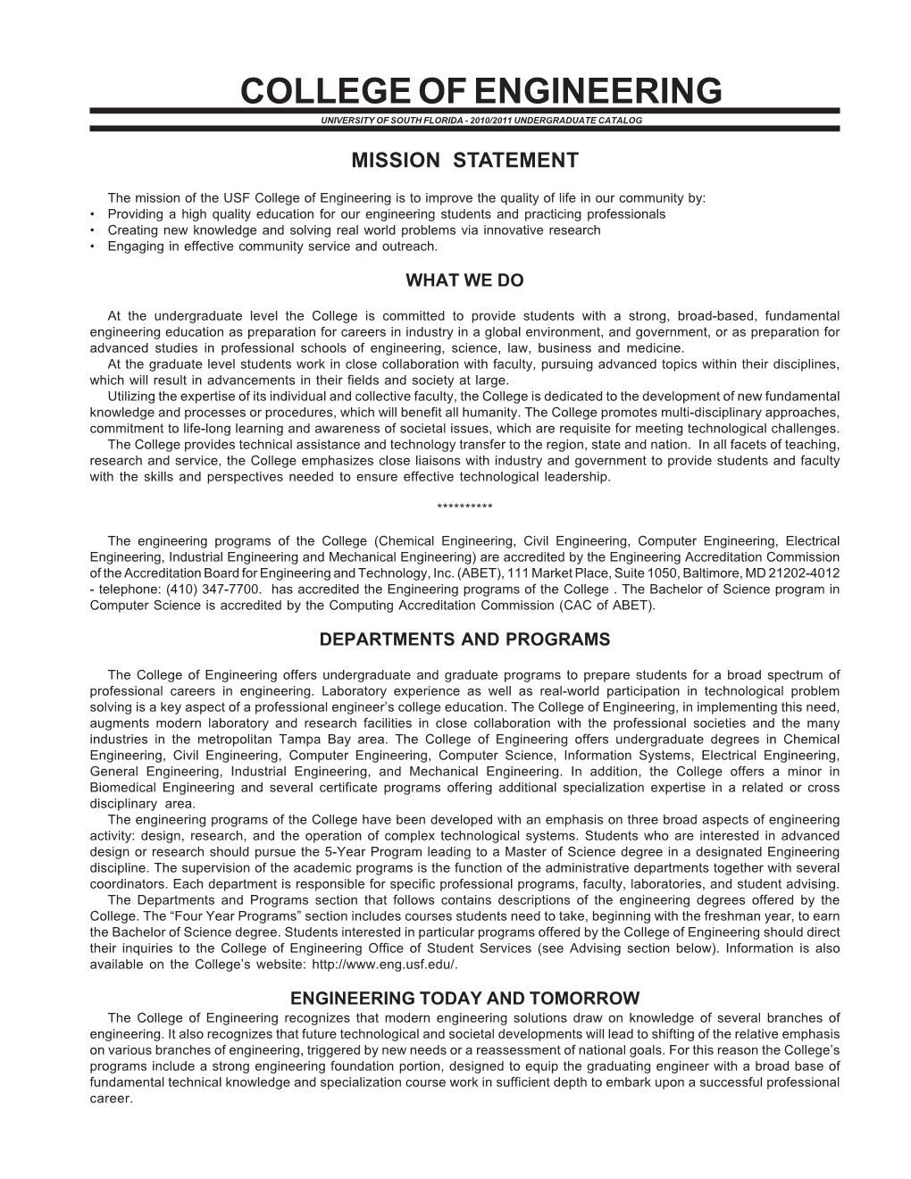 College of Engineering University of South Florida - 2010/2011 Undergraduate Catalog