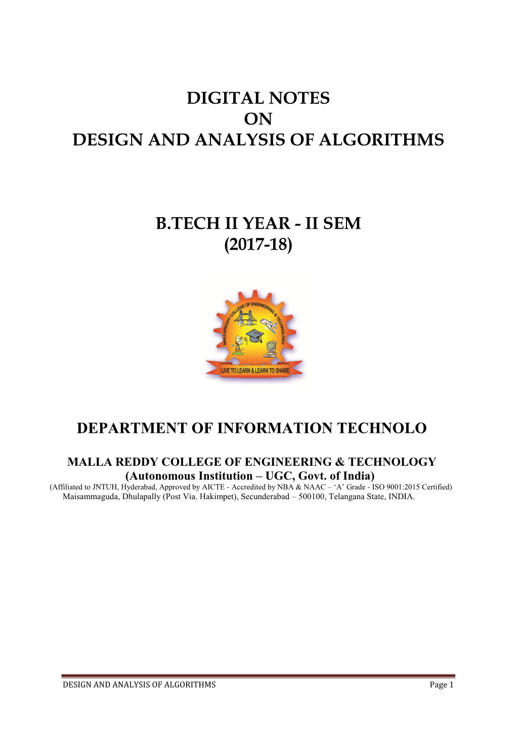 Digital Notes on Design and Analysis of Algorithms