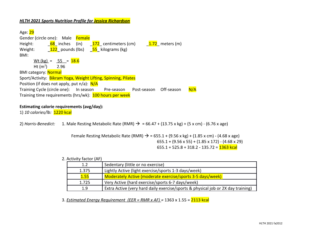 HLTH 2021 Sports Nutrition Profile for Jessica Richardson