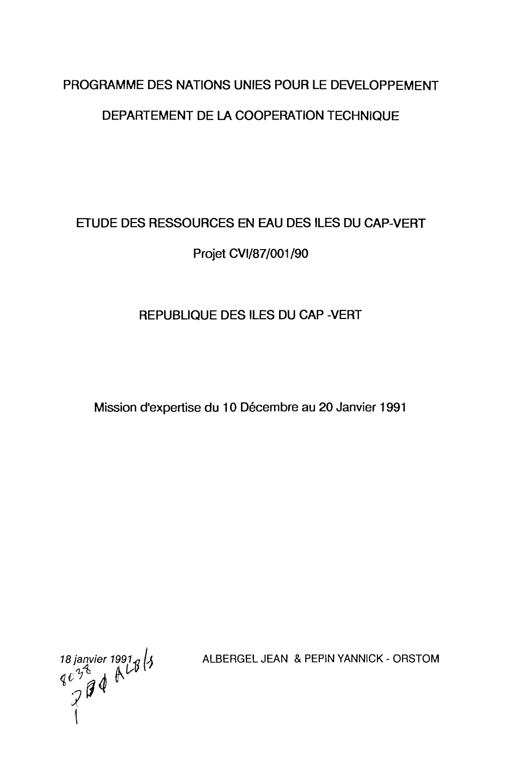 Etude Des Ressources En Eau Des Îles Du CAP-VERT, Rapport D'expertise Du 17/07/1990 Au 7/08/1990