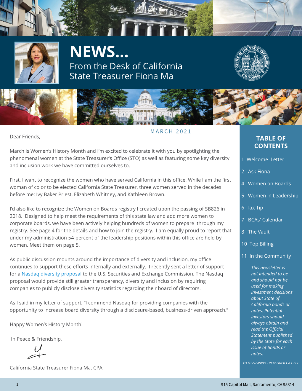 NEWS... from the Desk of California State Treasurer Fiona Ma