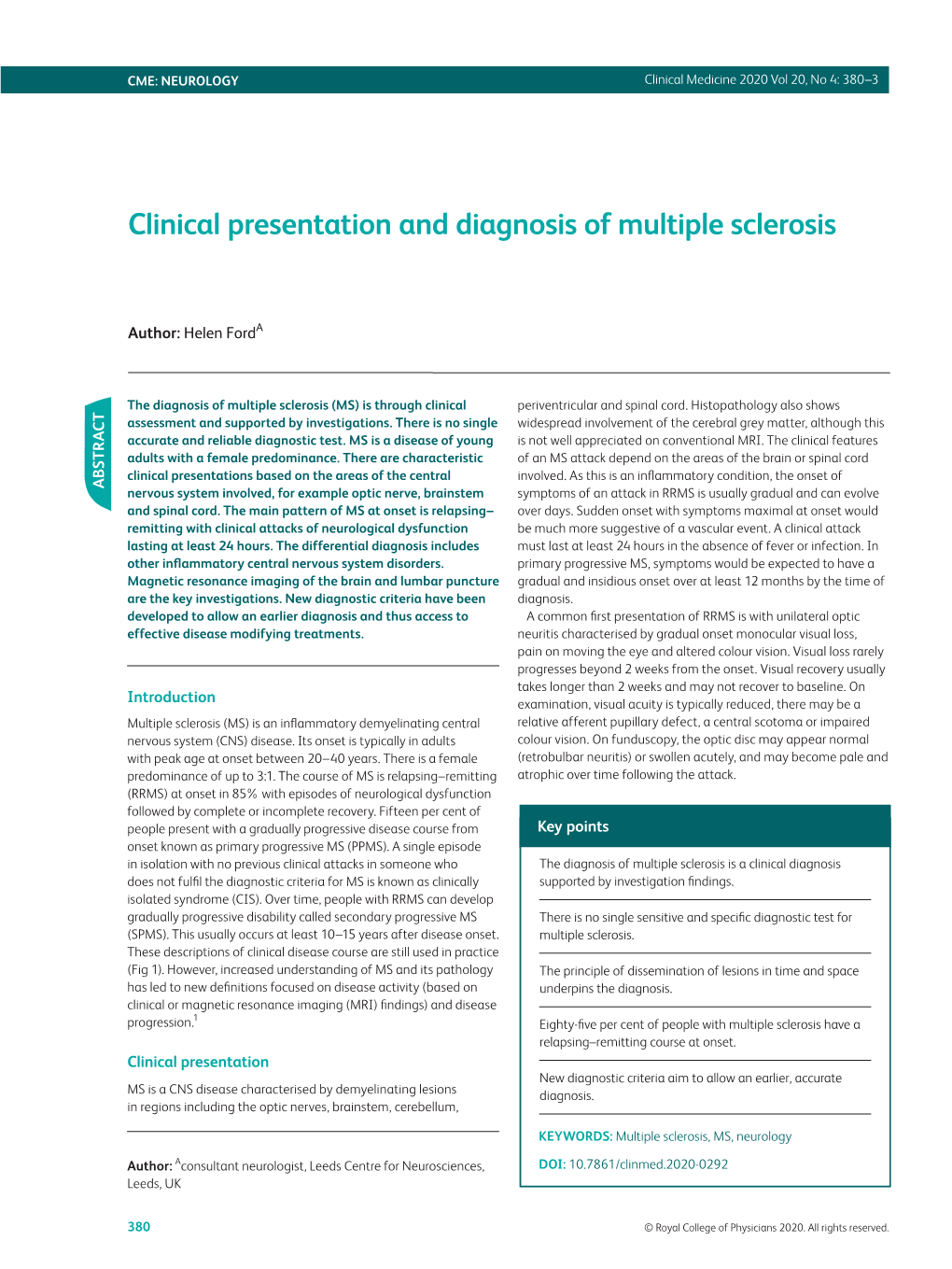 Clinical Presentation and Diagnosis of Multiple Sclerosis