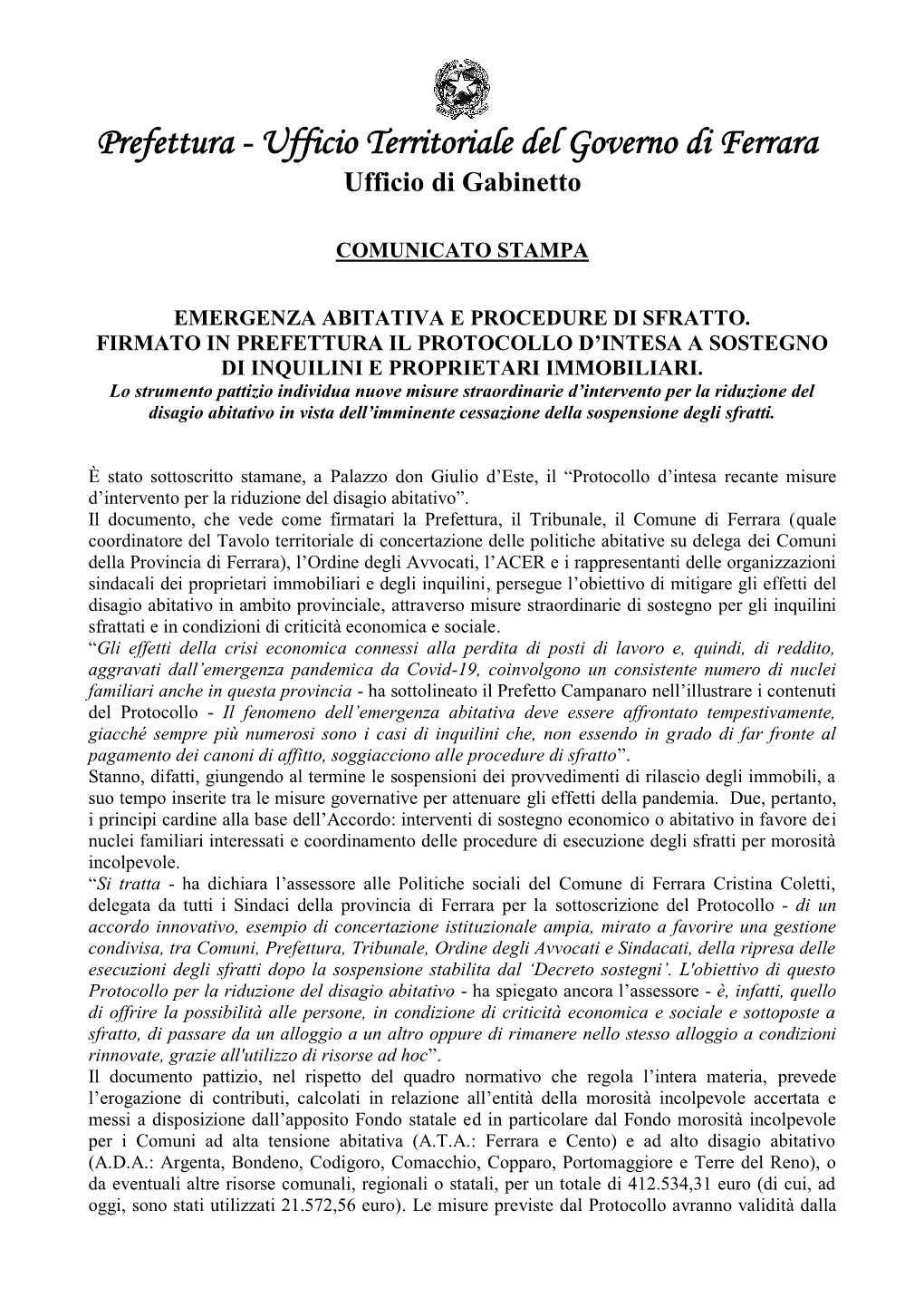 Prefettura - Ufficio Territoriale Del Governo Di Ferrara Ufficio Di Gabinetto