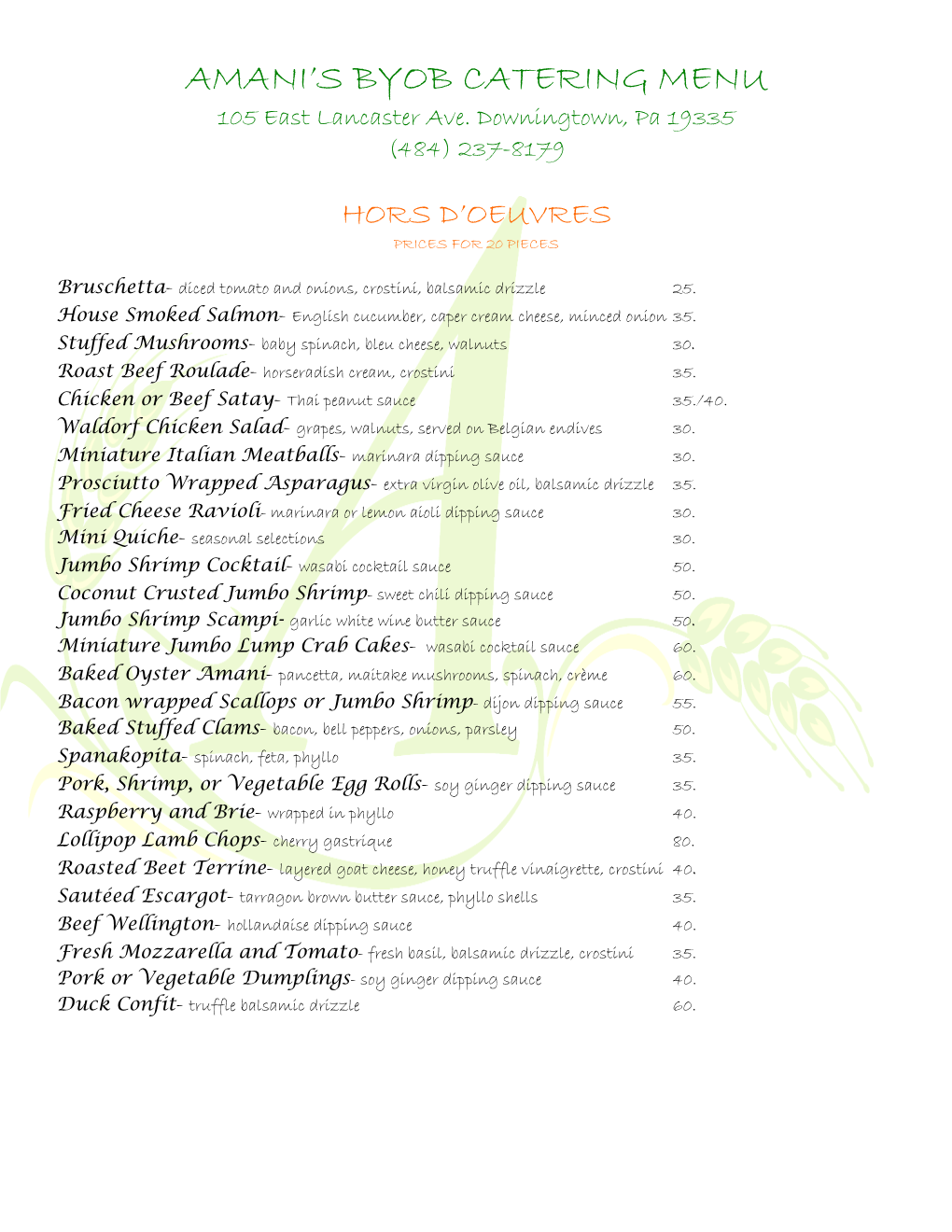 Amani's Byob Catering Menu