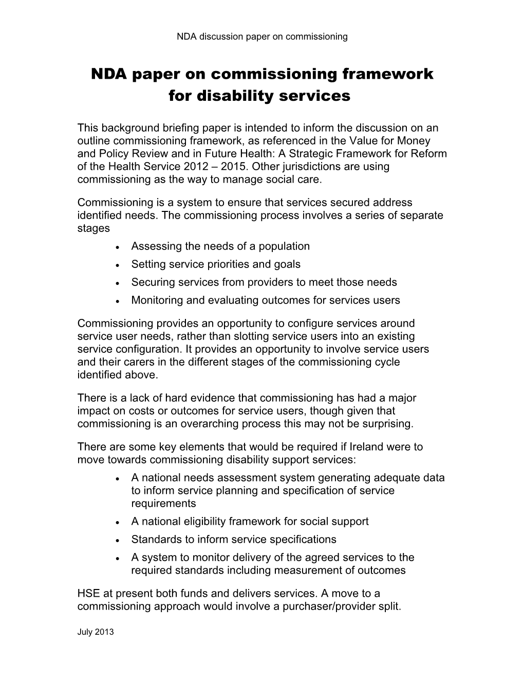 NDA Paper on Commissioning Framework for Disability Services