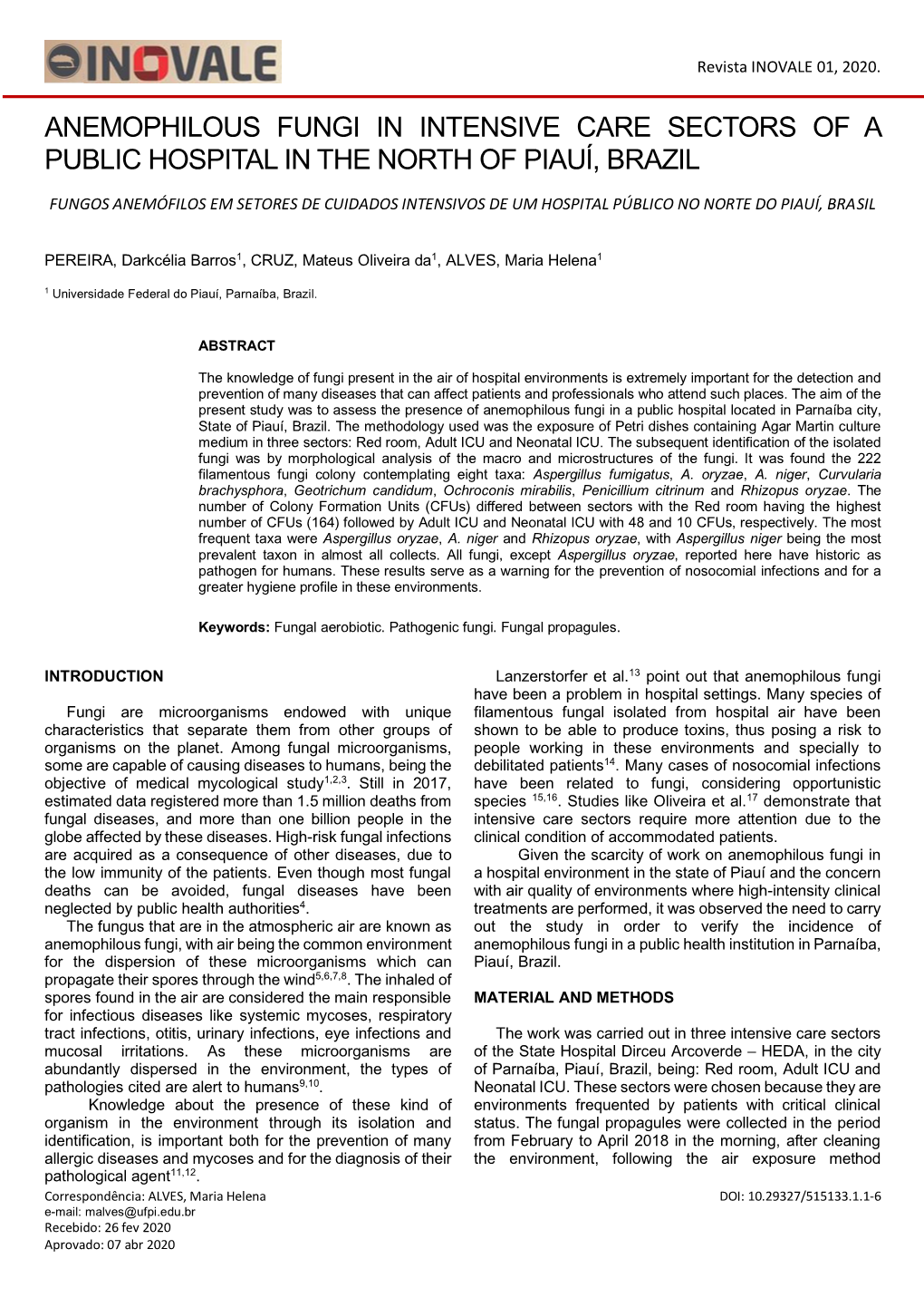 Anemophilous Fungi in Intensive Care Sectors of a Public Hospital in the North of Piauí, Brazil