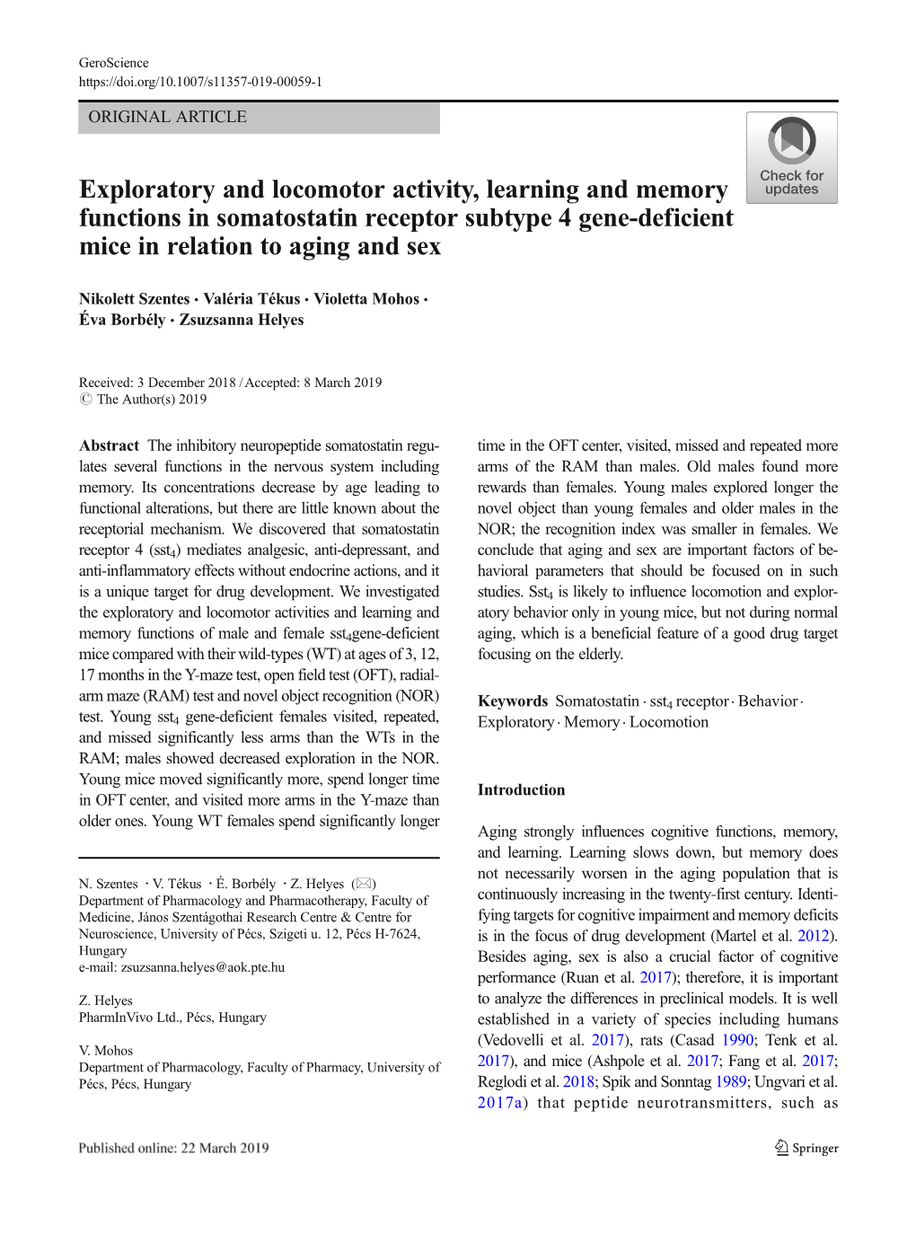 Exploratory and Locomotor Activity, Learning and Memory Functions in Somatostatin Receptor Subtype 4 Gene-Deficient Mice in Relation to Aging and Sex