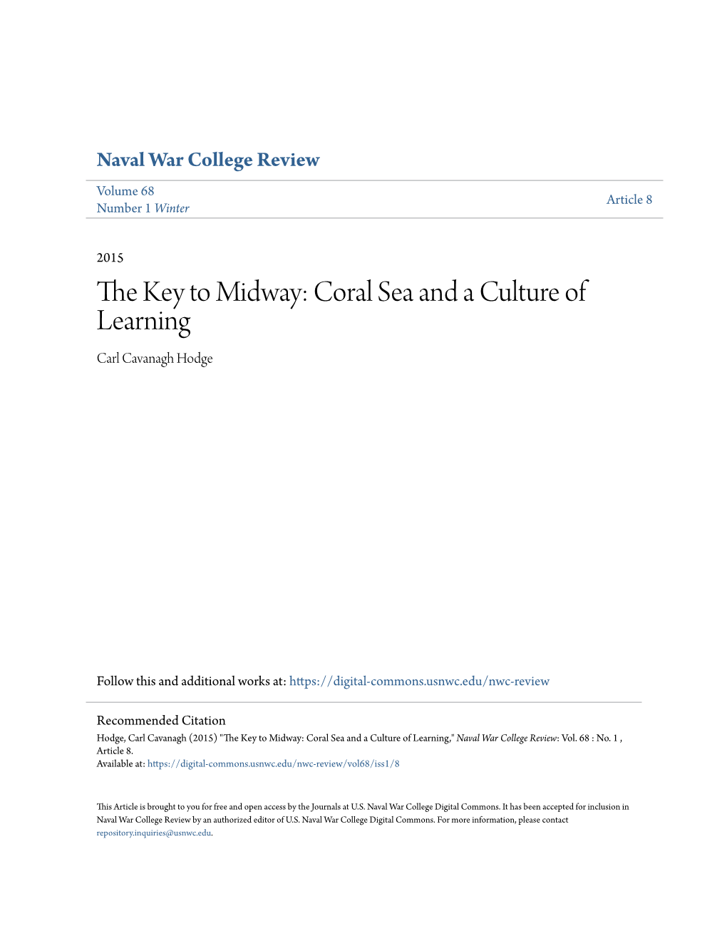 The Key to Midway: Coral Sea and a Culture of Learning Carl Cavanagh Hodge