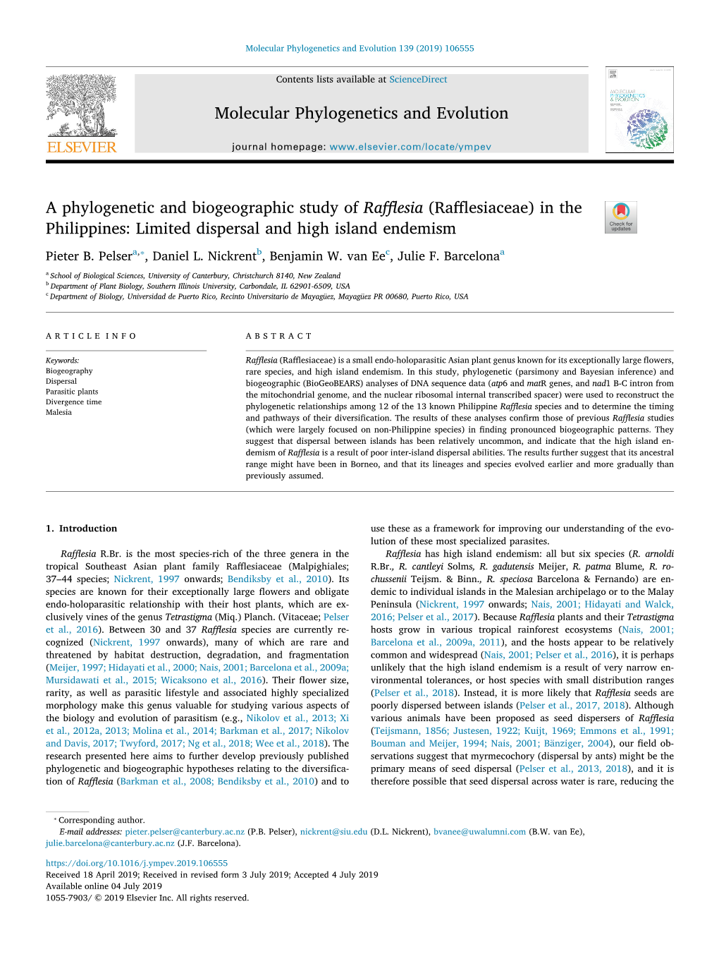 A Phylogenetic and Biogeographic Study of Rafflesia (Rafflesiaceae) in the T Philippines: Limited Dispersal and High Island Endemism ⁎ Pieter B