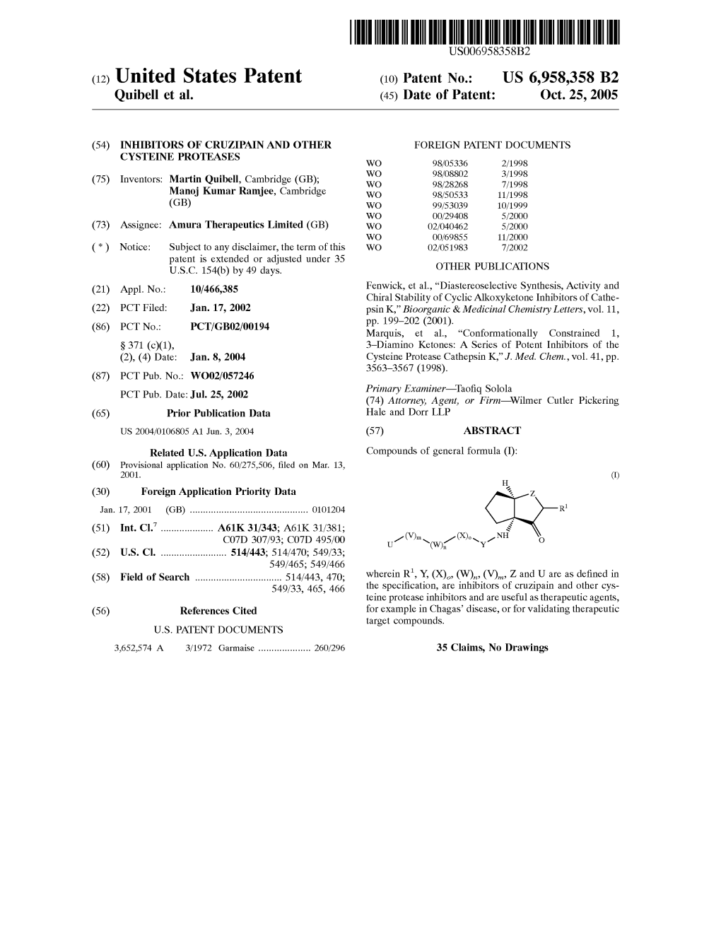 (12) United States Patent (10) Patent No.: US 6,958,358 B2 Quibell Et Al