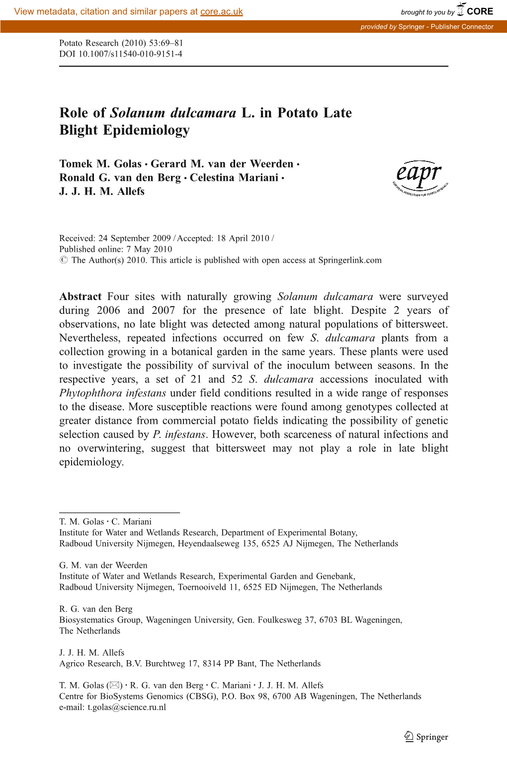 Role of Solanum Dulcamara L. in Potato Late Blight Epidemiology