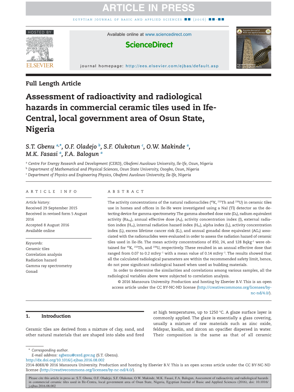 Assessment of Radioactivity and Radiological Hazards in Commercial Ceramic Tiles Used in Ife- Central, Local Government Area of Osun State, Nigeria