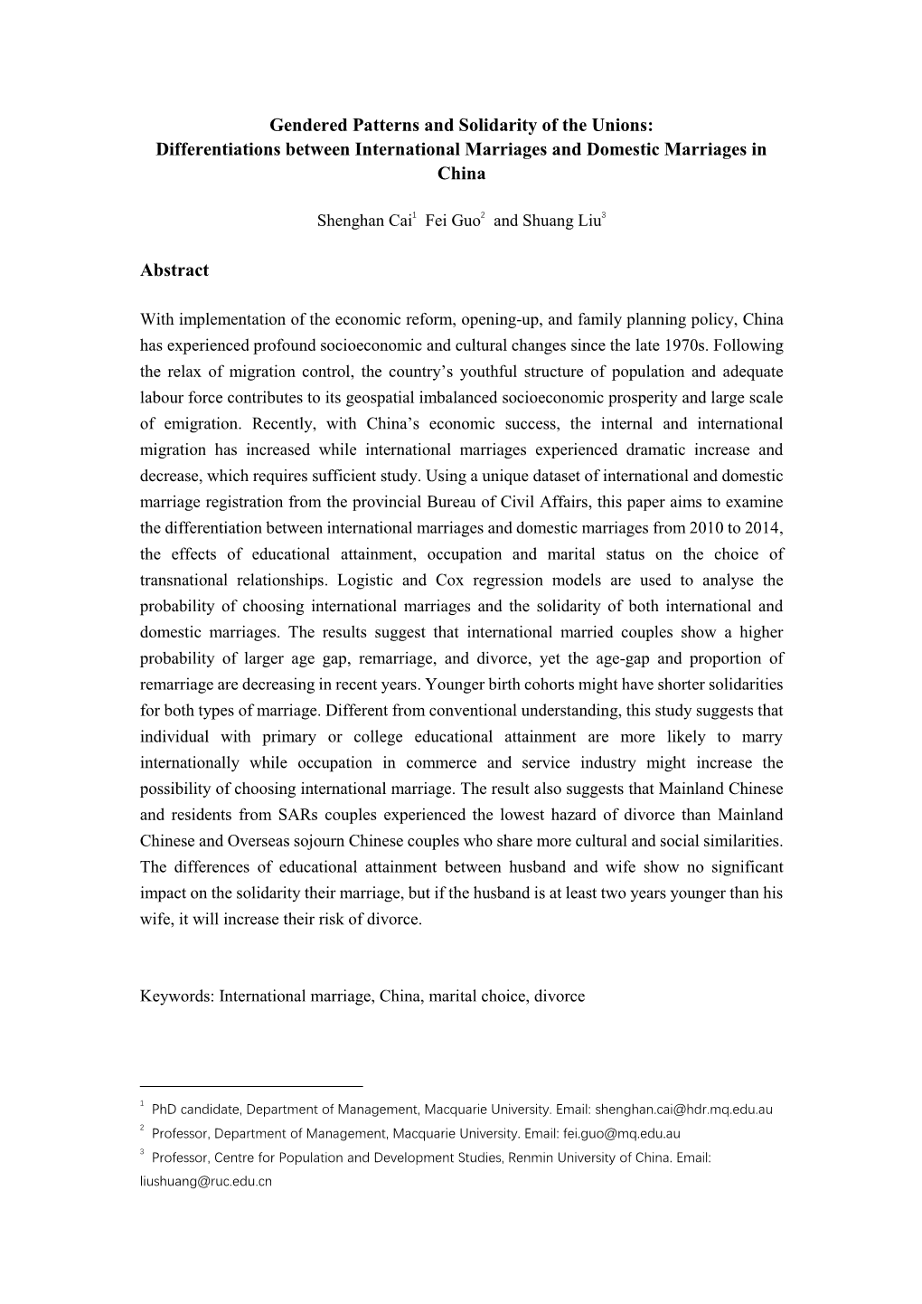 Gendered Patterns and Solidarity of the Unions: Differentiations Between International Marriages and Domestic Marriages in China