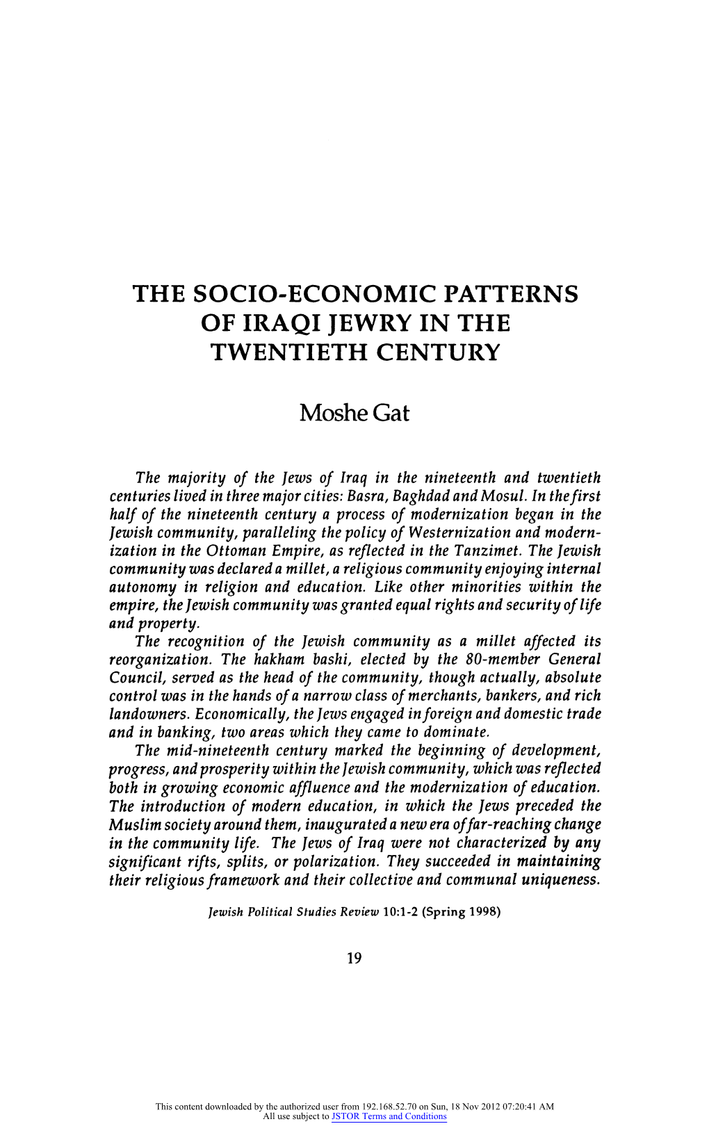 The Socio-Economic Patterns of Iraqi Jewry in the Twentieth Century