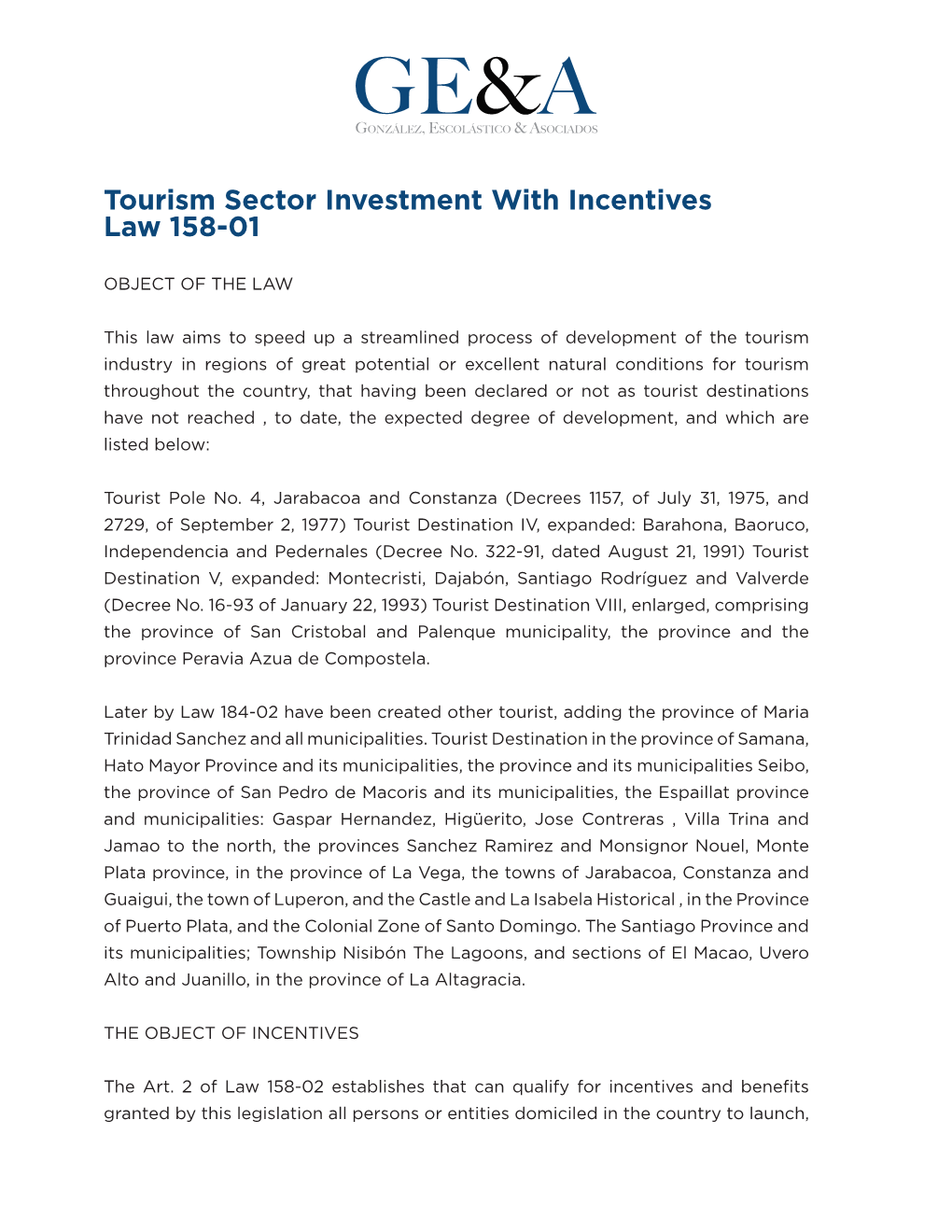 Tourism Sector Investment with Incentives Law 158-01