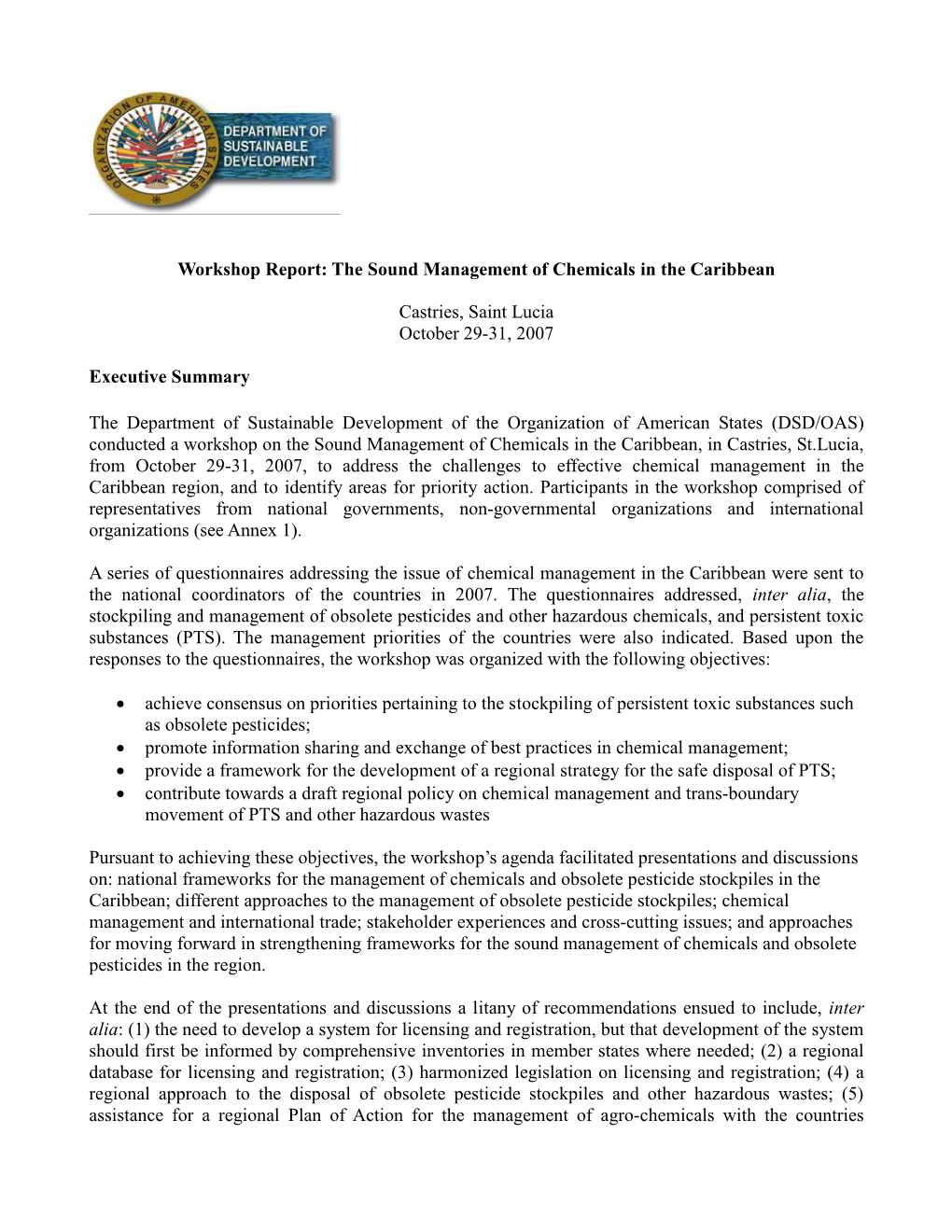 The Sound Management of Chemicals in the Caribbean Castries, Saint