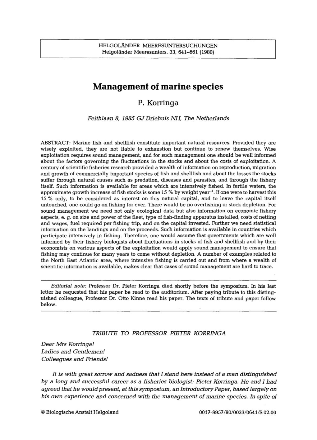 Management of Marine Species P