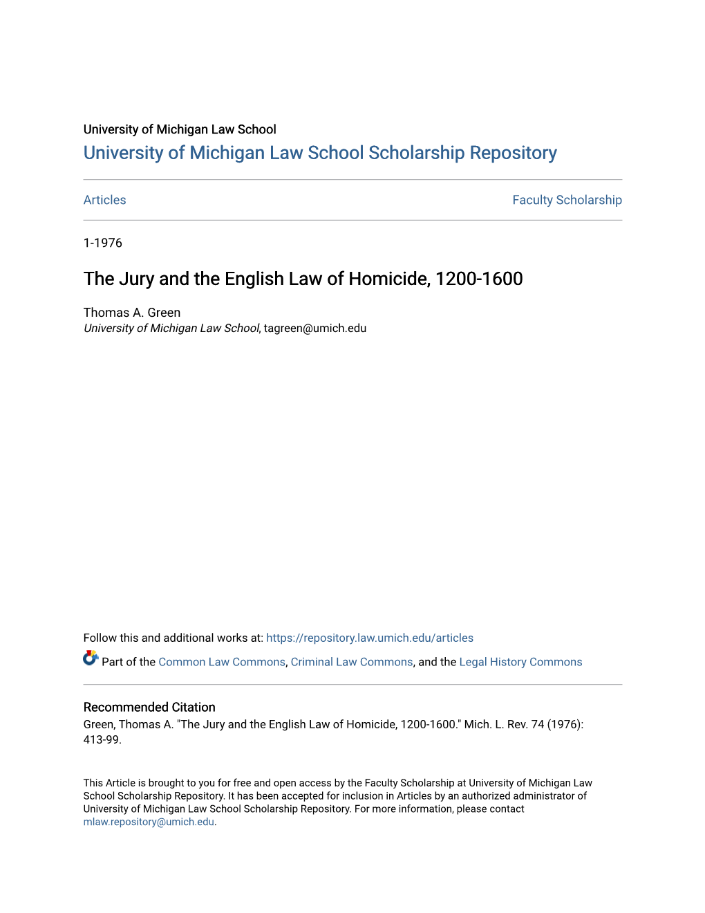 The Jury and the English Law of Homicide, 1200-1600