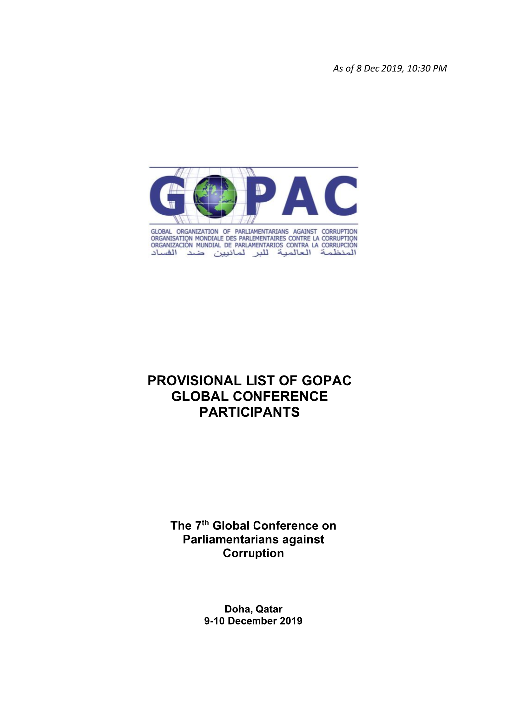 Provisional List of Gopac Global Conference