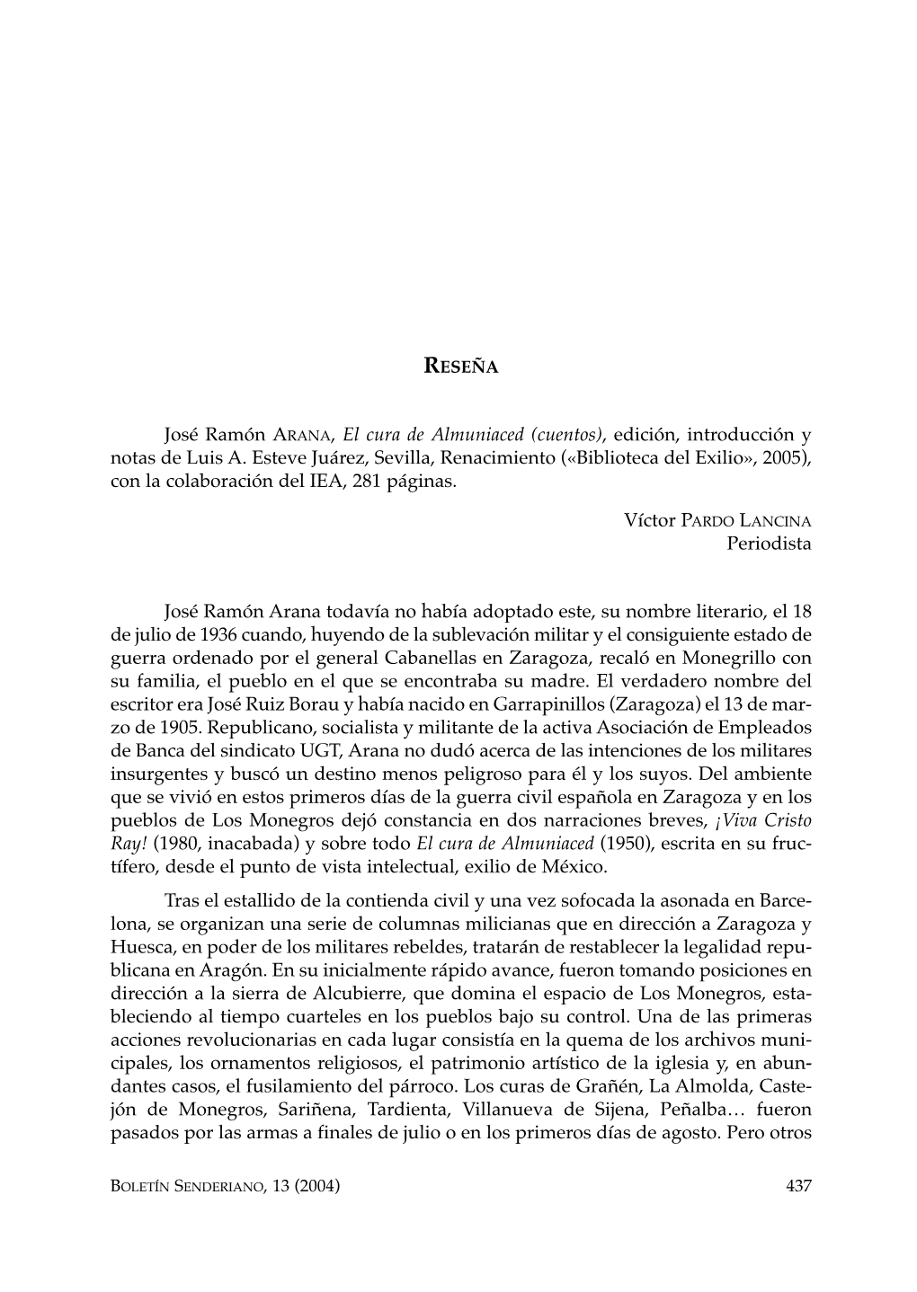 José Ramón ARANA, El Cura De Almuniaced (Cuentos), Edición, Introducción Y Notas De Luis A