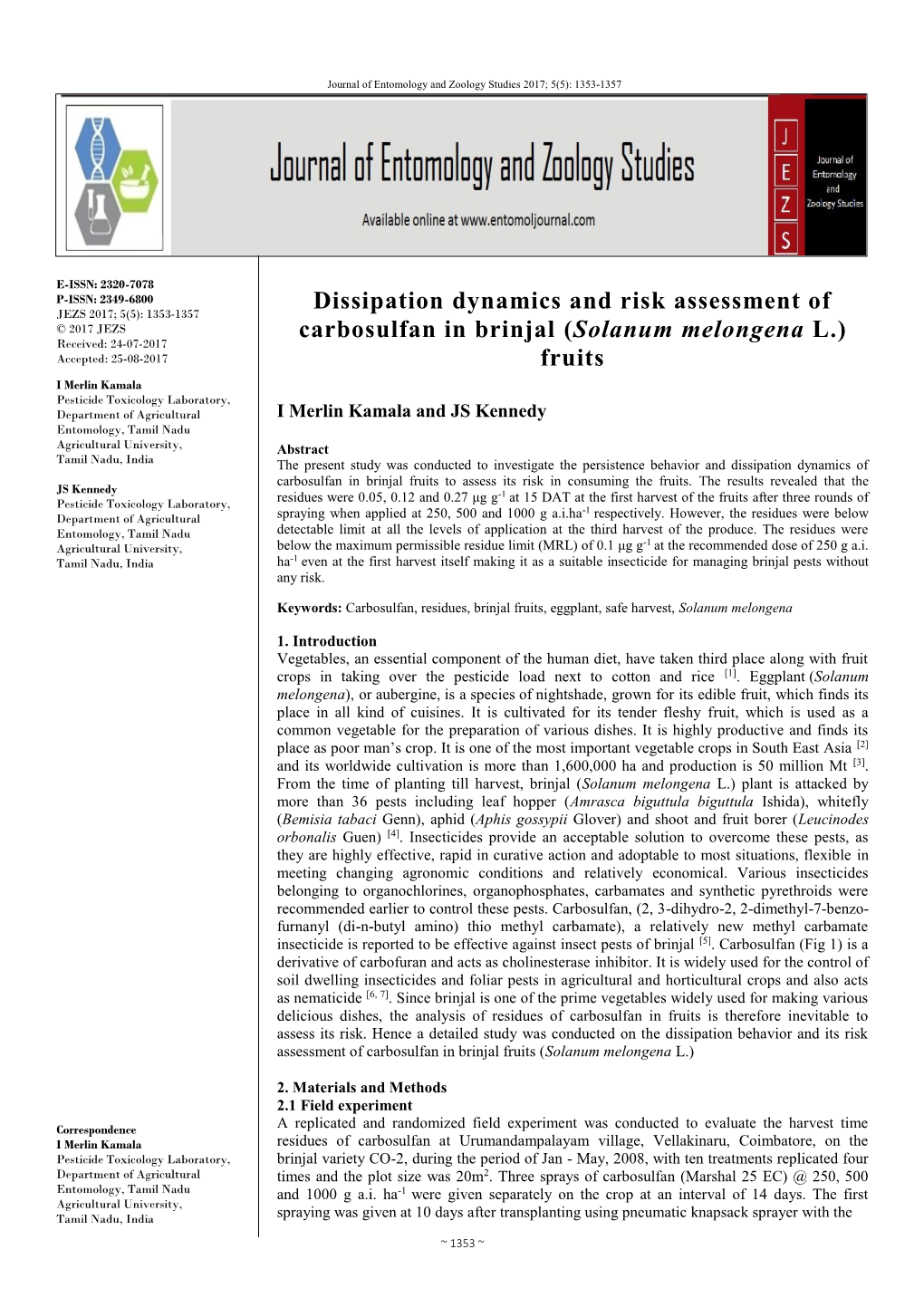 Dissipation Dynamics and Risk Assessment of Carbosulfan in Brinjal