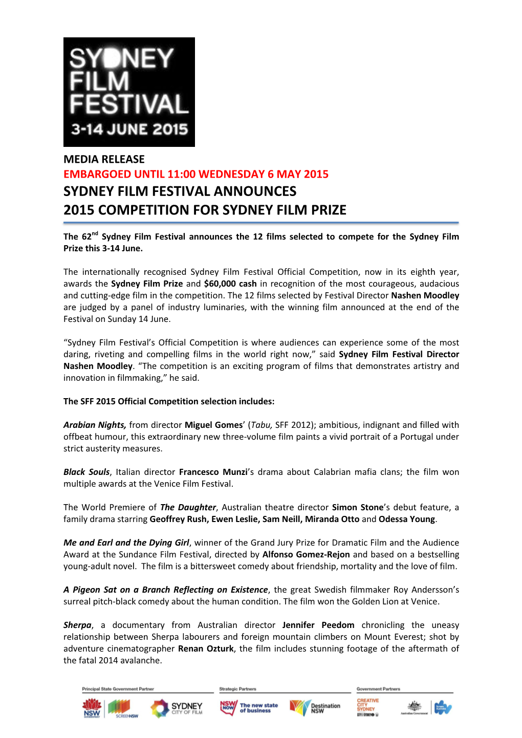 Sydney Film Festival Announces 2015 Competition for Sydney Film Prize