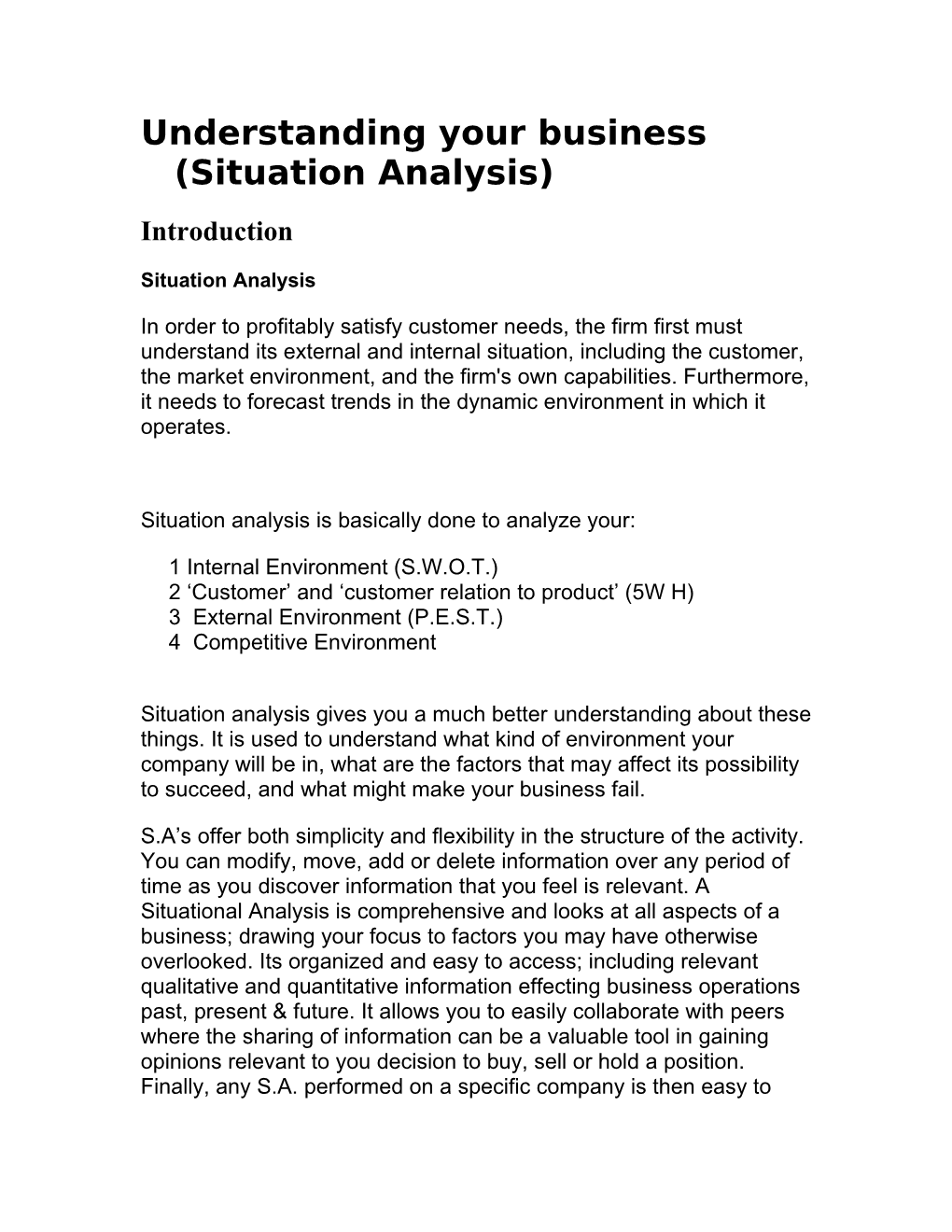 Understanding Your Business (Situation Analysis) Introduction