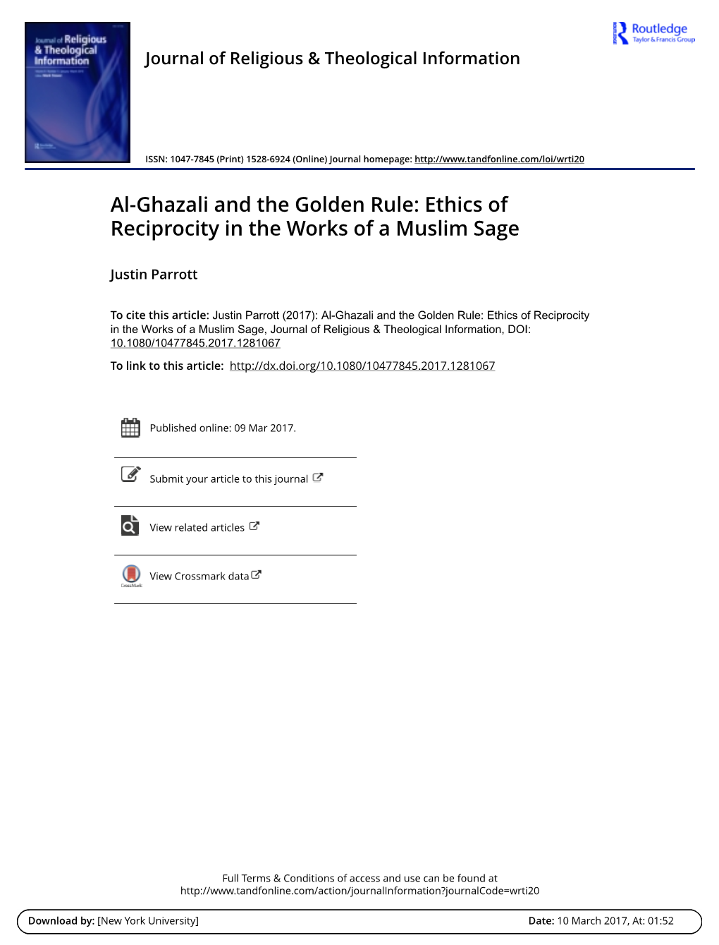 Al-Ghazali and the Golden Rule: Ethics of Reciprocity in the Works of a Muslim Sage